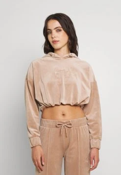Aktion ⌛ Karl Kani SMALL SIGNATURE CROP VELVET HOODIE - Kapuzenpullover - Dark Sand, Damen ⭐